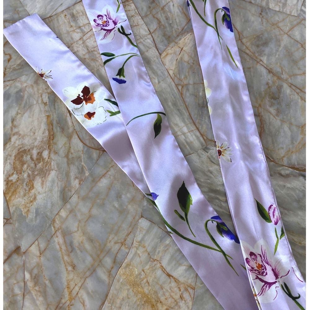 Lavender Purple Floral Orchid Satin Sash Belt Silky Skinny Scarf 69 Inch